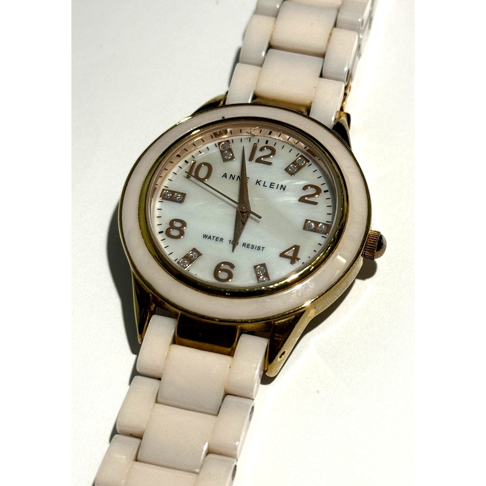 Lovely Anne Klein Pink Gold Tone enamel clear crystals wristwatch working Watch